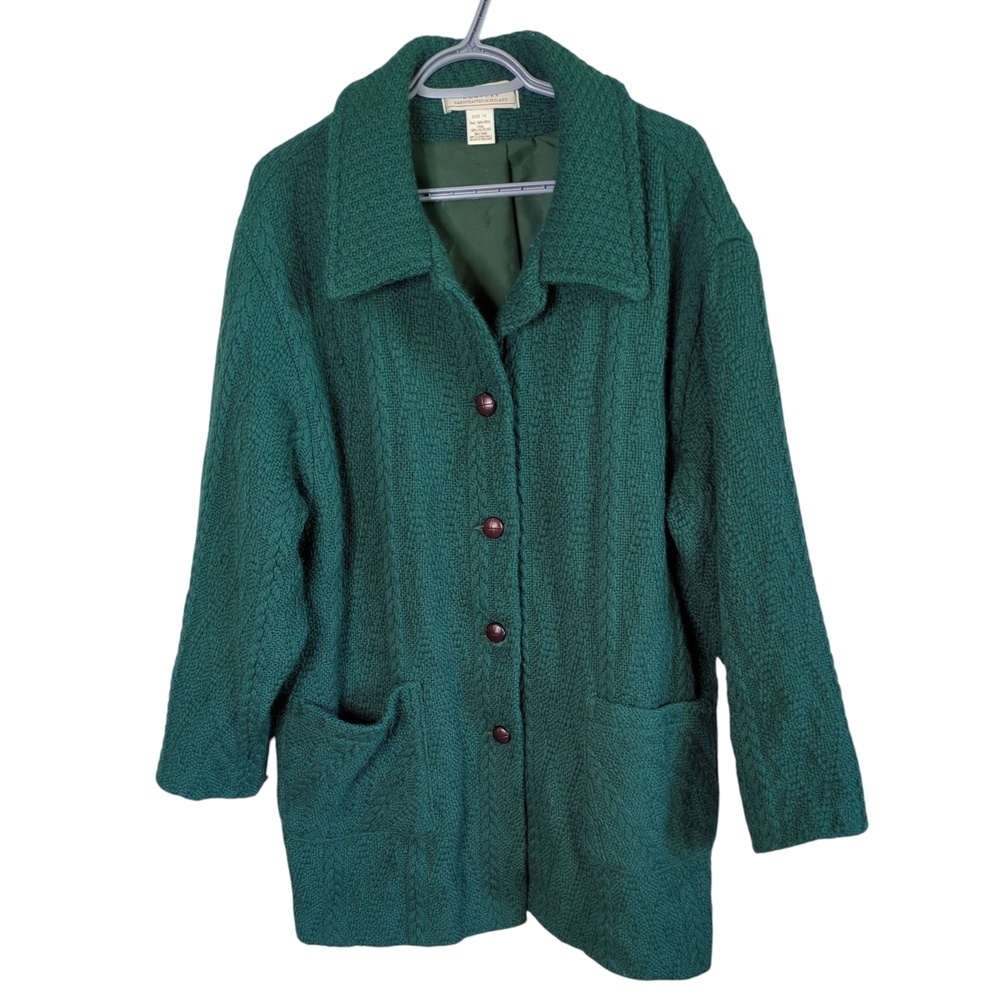 Boyne Valley Weavers Irish Green Wool‎ Cable Knit Coat - Size 1X Stamped Buttons